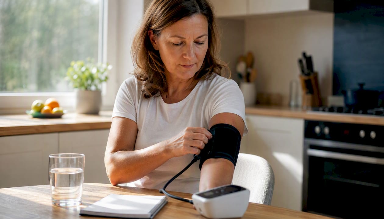 Arm with blood pressure monitor cuff at home