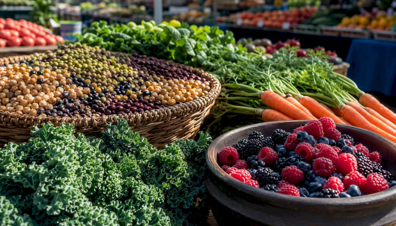 Fresh vegetables and legumes on wooden table