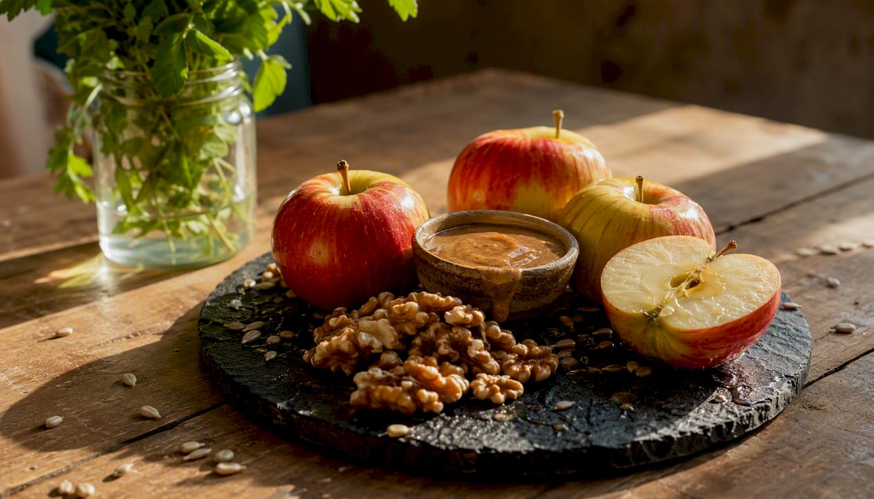 Sliced apples with almond butter and nuts on wooden board