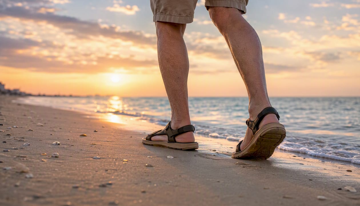 Older adult’s legs walking on tree-lined path