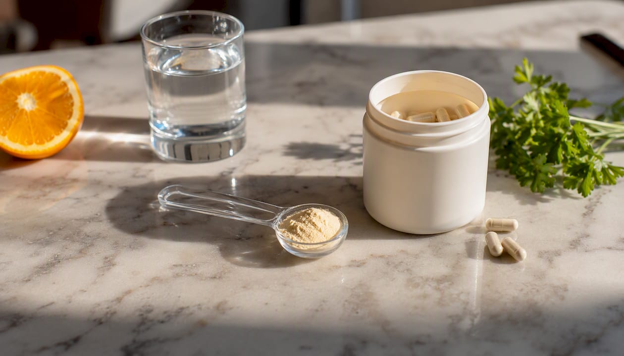 Measuring spoon with NAC powder and capsules next to glass of water