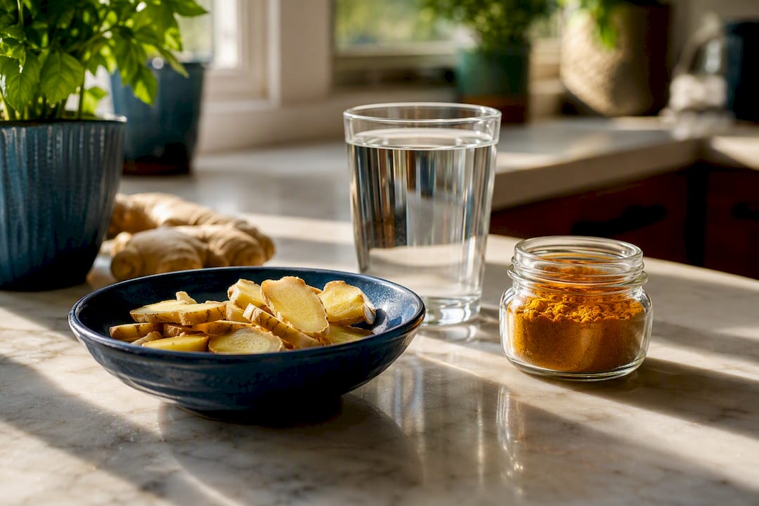 Natural ingredients for gut health on stone surface