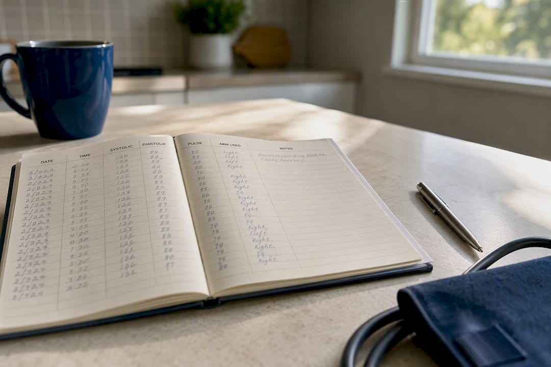 Organized blood pressure log with notes and timings