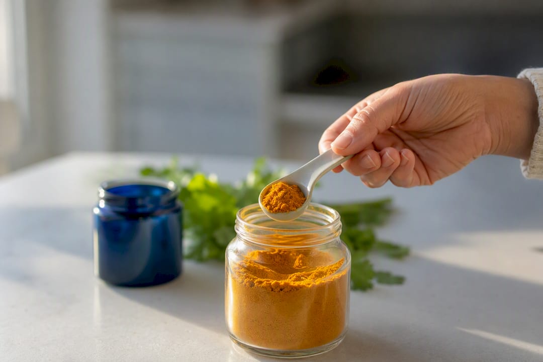 Measuring garlic supplement powder with spoon