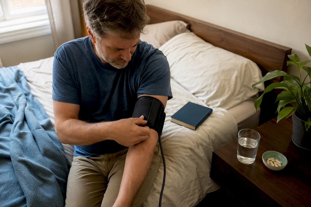 Man placing blood pressure cuff on arm