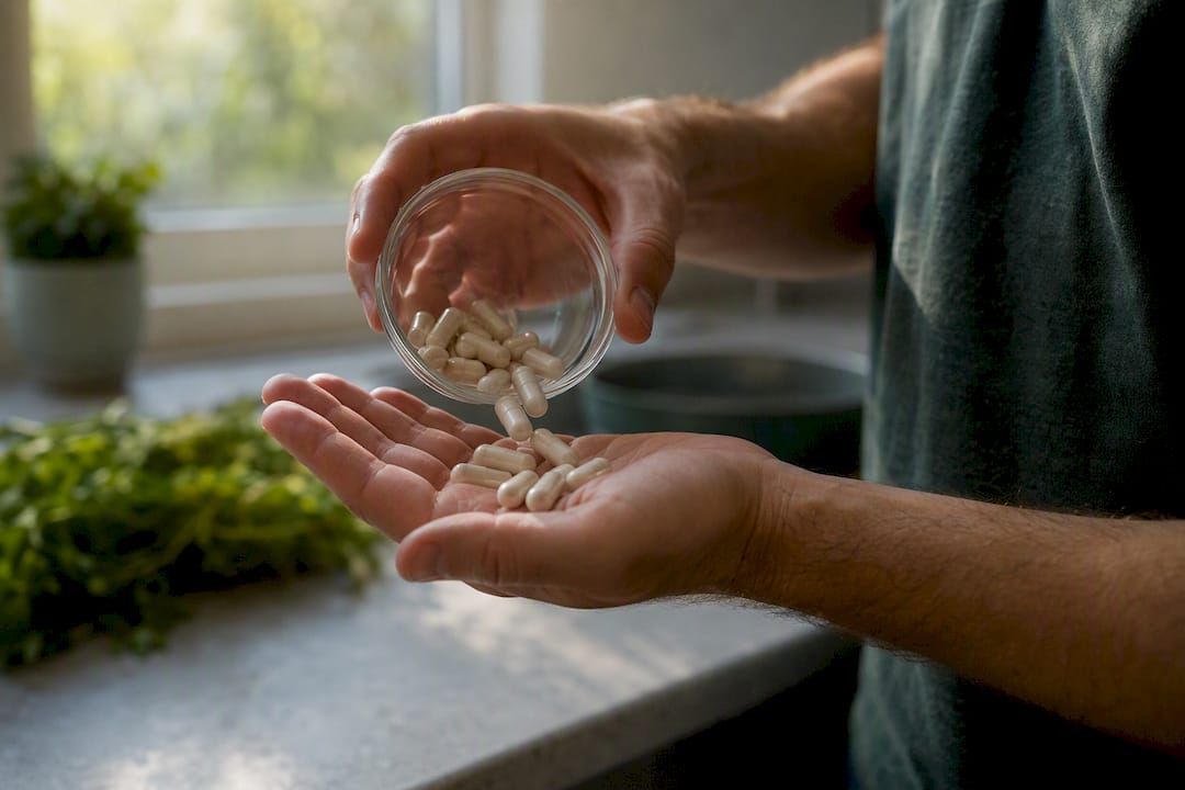 Hand catching magnesium supplement capsules