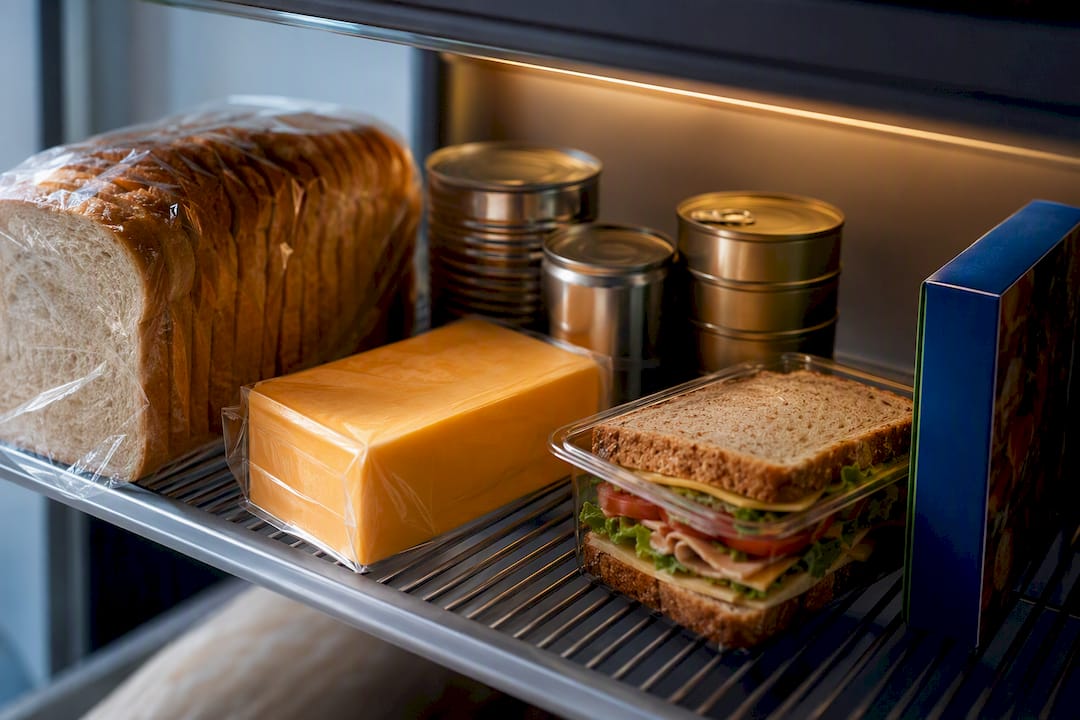 Processed foods arranged on pantry shelf