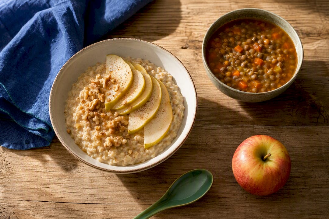 Oatmeal pear lentils and apple