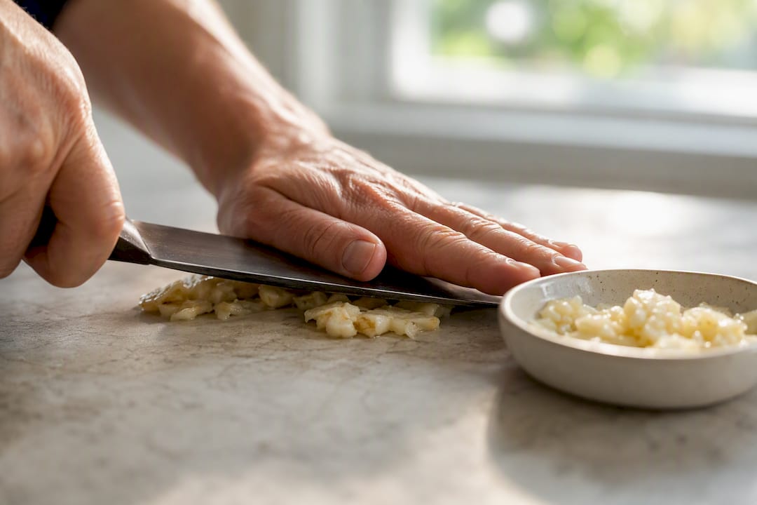 Hands crushing garlic before cooking
