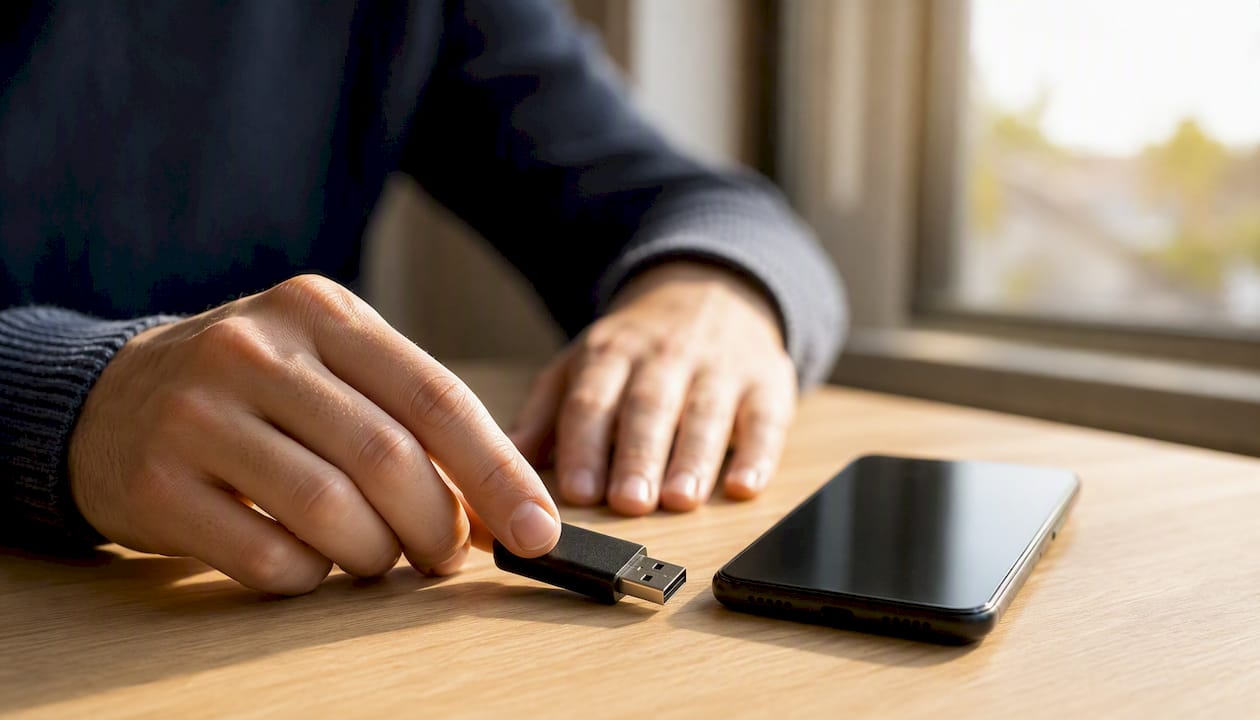 Hands holding USB and phone symbolizing file privacy