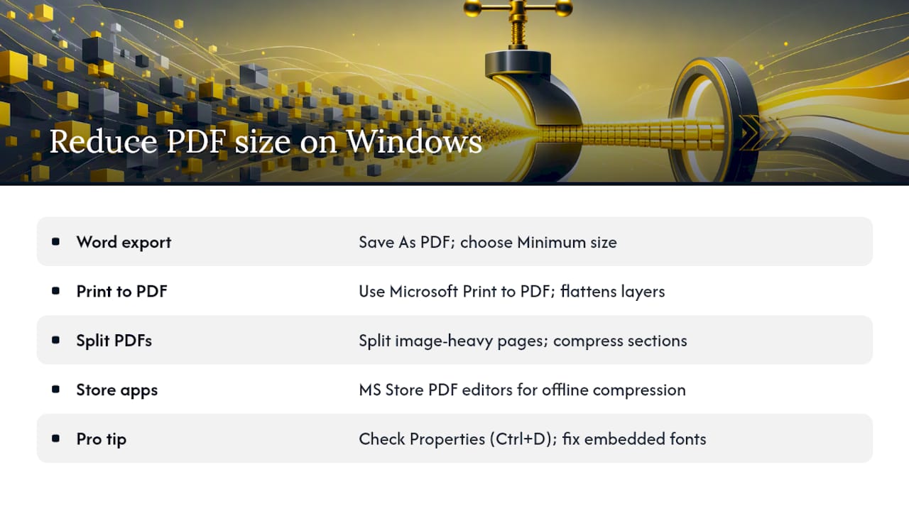 How to reduce PDF file size on Windows without paid software &mdash; overview diagram