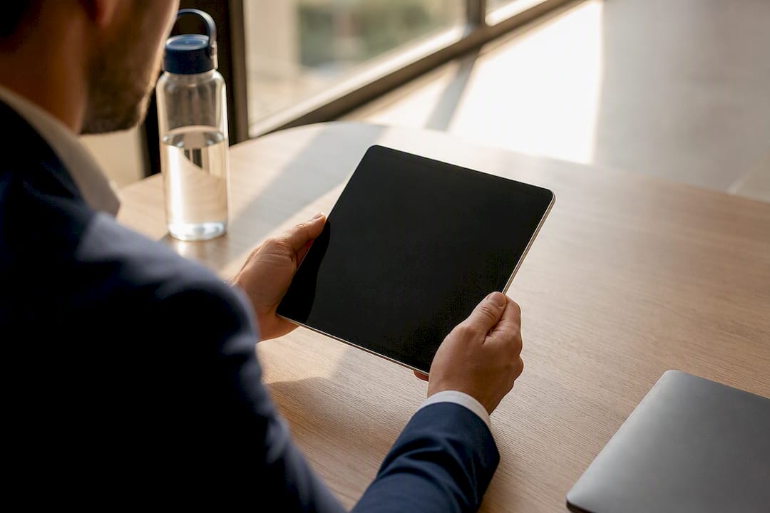 Hands poised over smartphone in home office