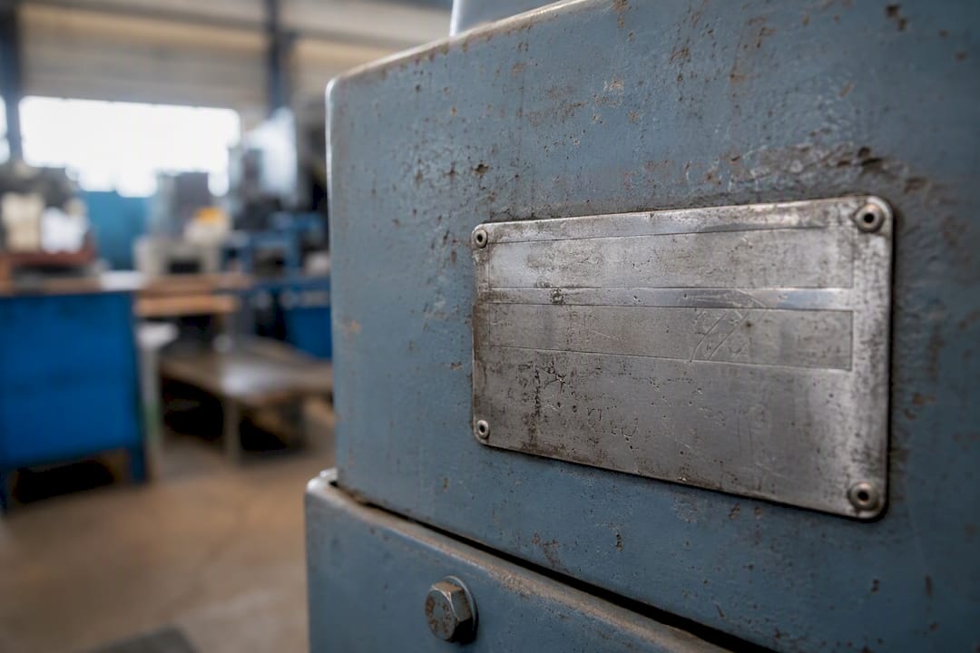 Close-up of serial number plate on machinery