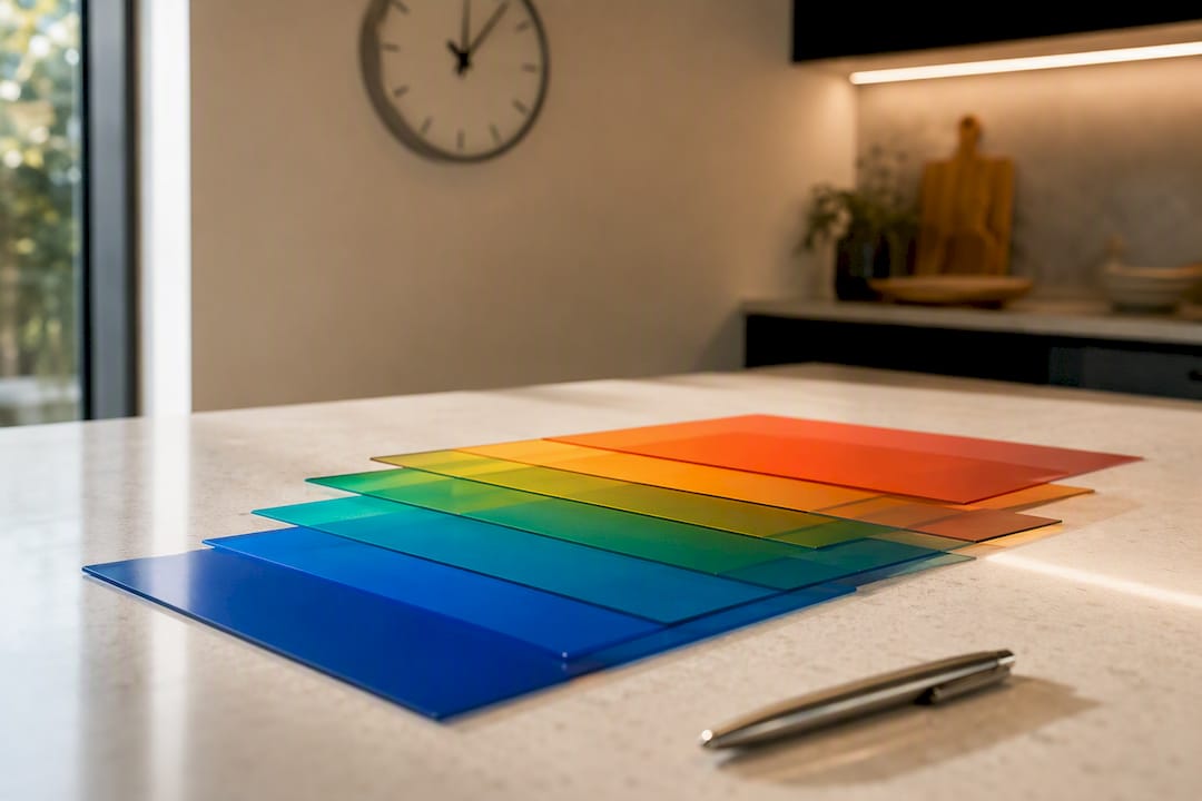 Color-coded timeline and size chart materials on desk