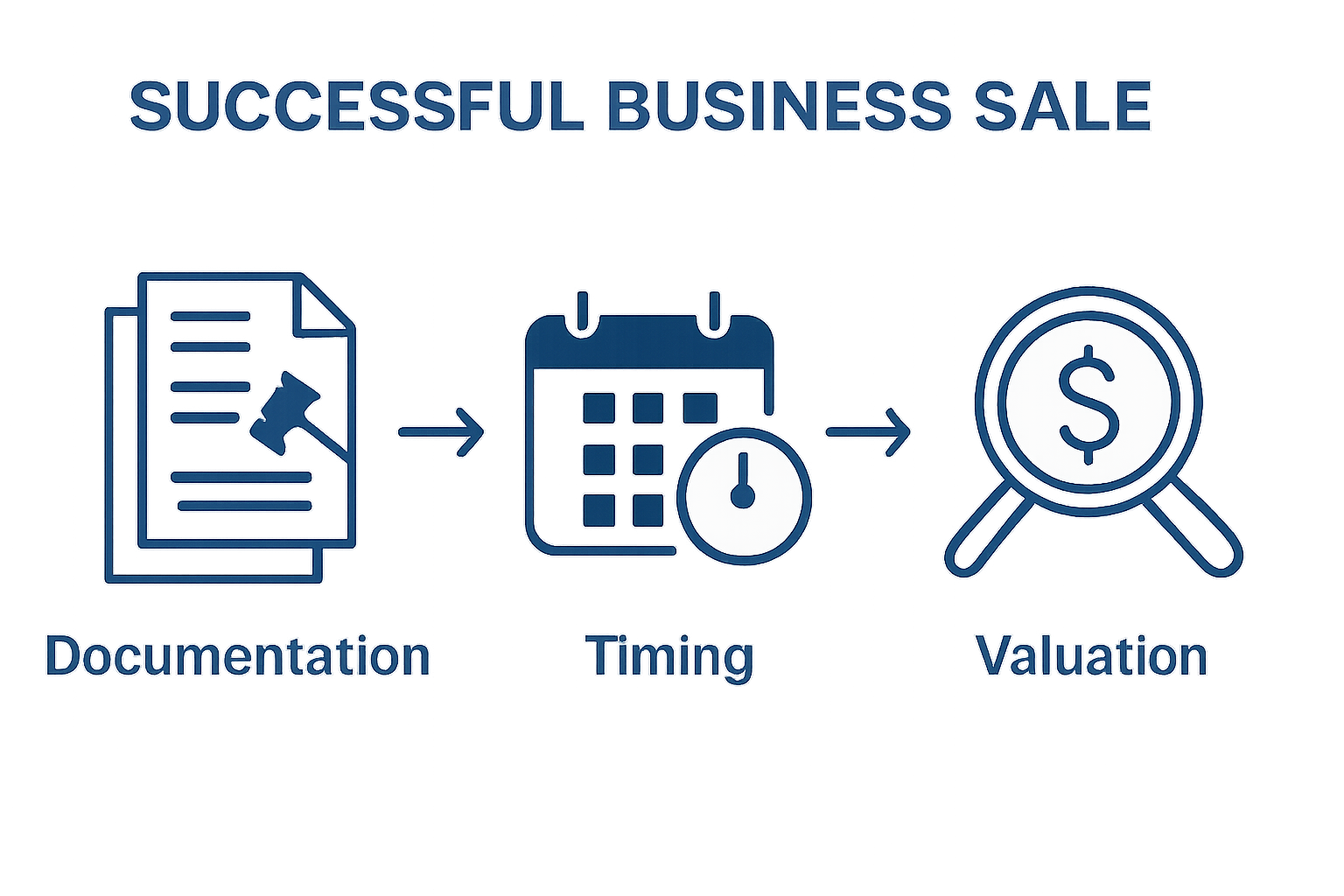 Infographic showing how legal, timing, and valuation factors combine for business sale success