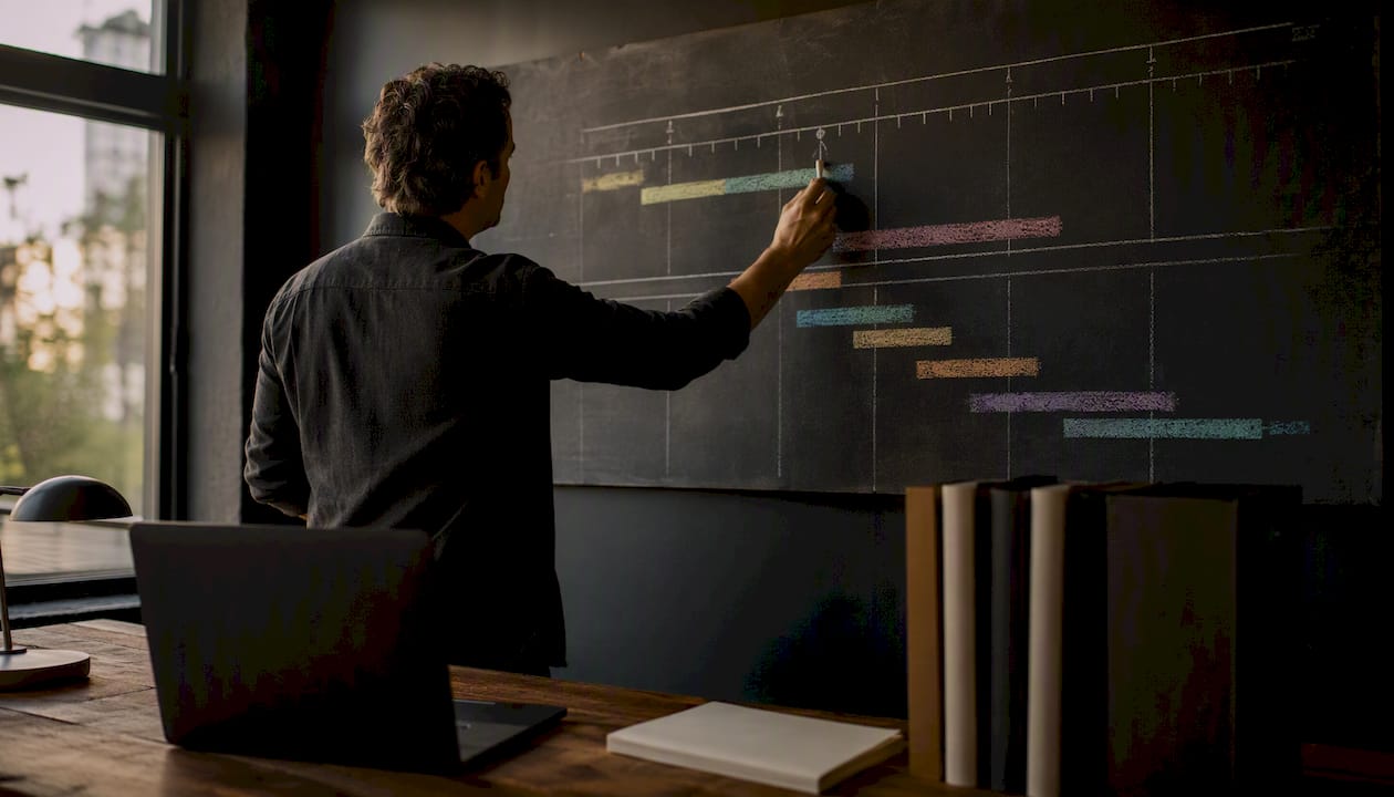 Hand updating film production Gantt chart on whiteboard