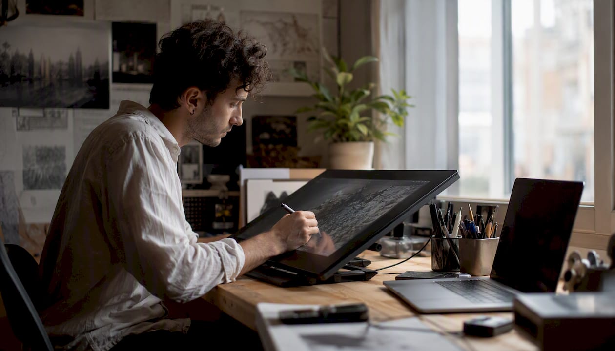 VFX artist editing film shot on digital tablet