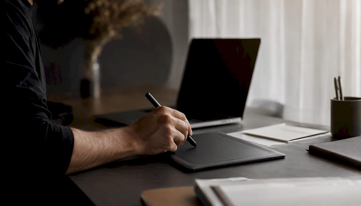 Hand with stylus near digital tablet for video review