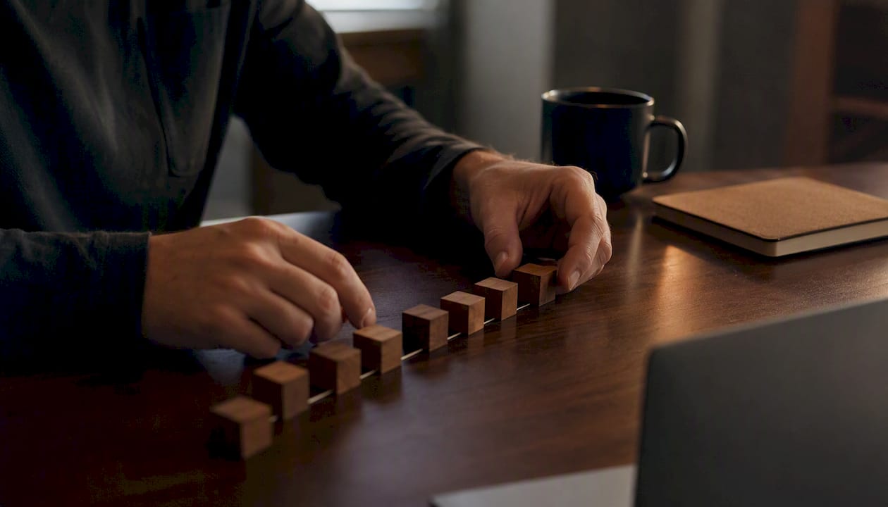 Hands adjusting wooden blocks on timeline