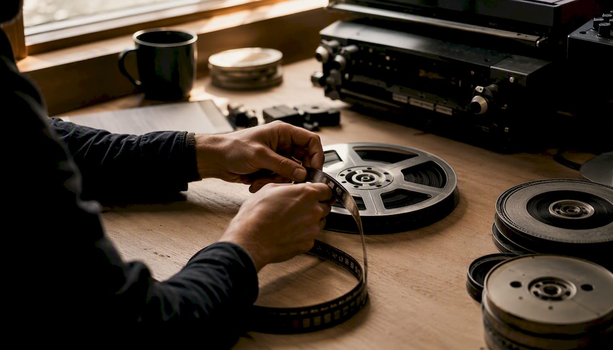 Hands sorting video tape reels in editing bay