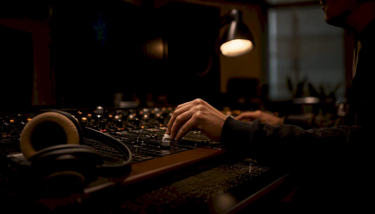 Close-up of hands adjusting audio fader in studio
