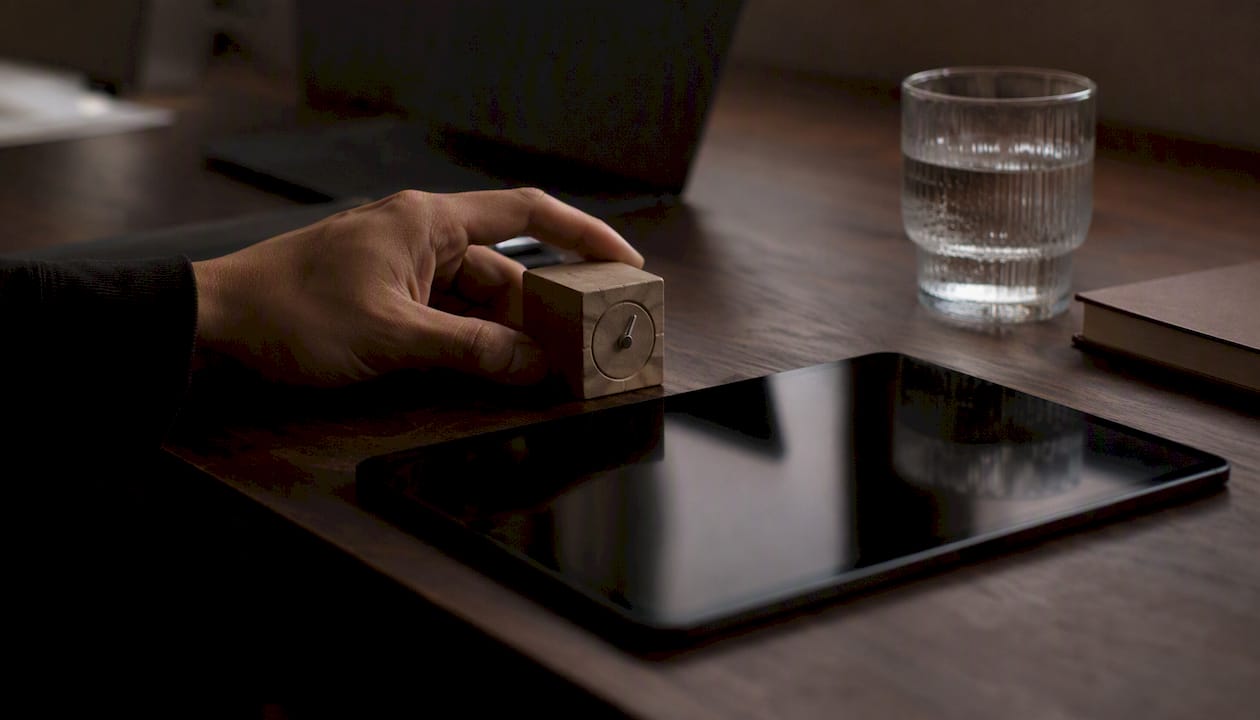 Hand placing time marker block on desk
