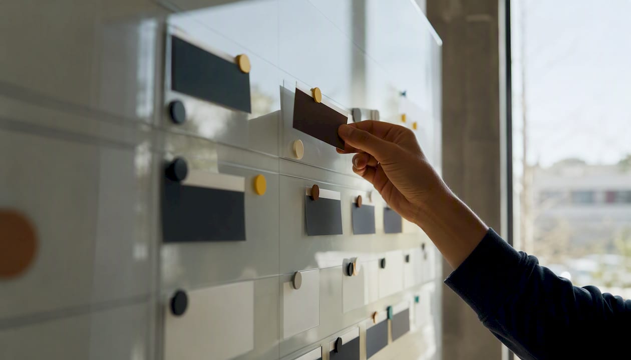Hand adjusting scheduling cards on magnetic board