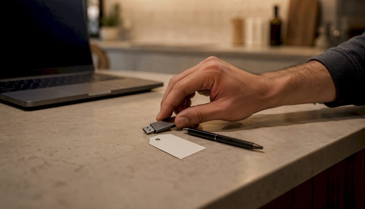 Hand placing USB drive and blank tag on table