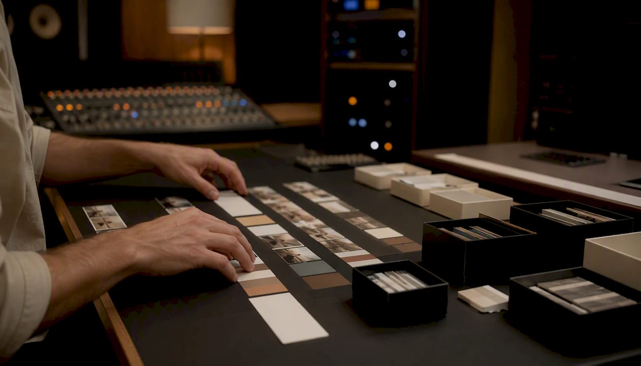 Hands organizing post-production workflow materials