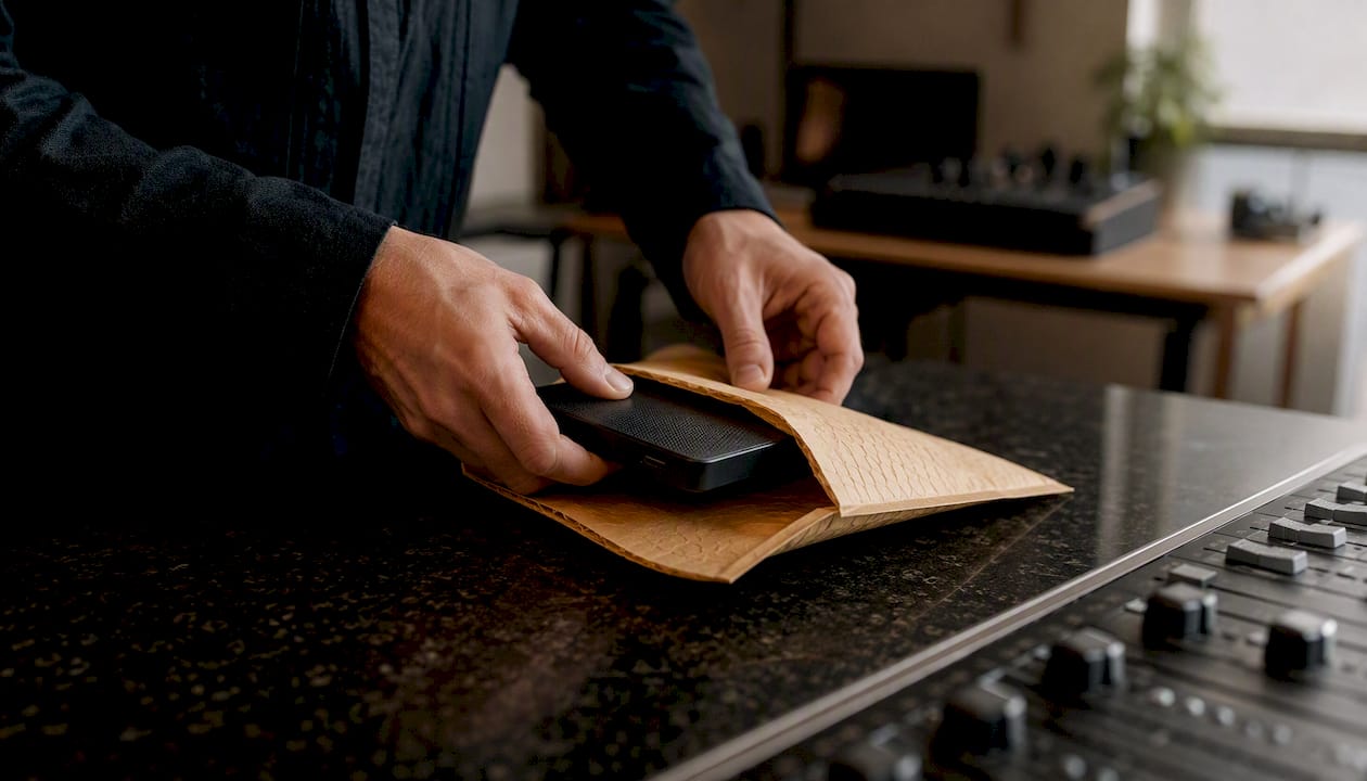 Hands placing hard drive into padded mailer