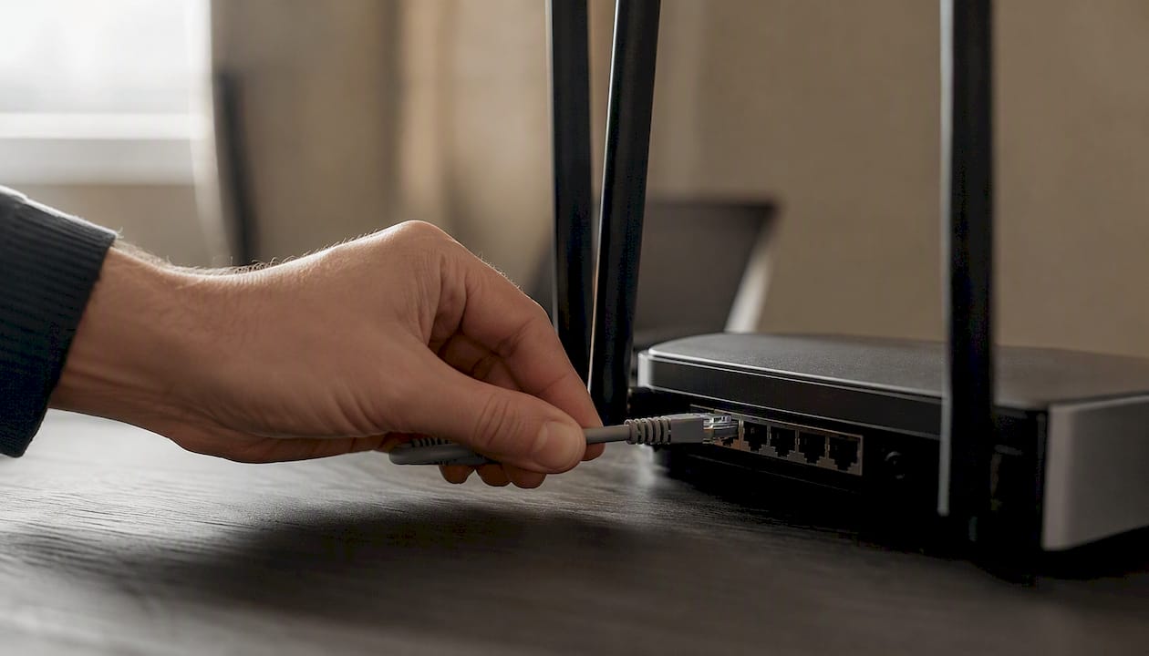 Hand plugging Ethernet cable into router