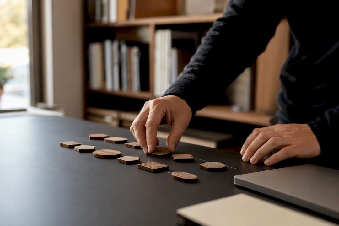 Hands arranging workflow blocks on wood table