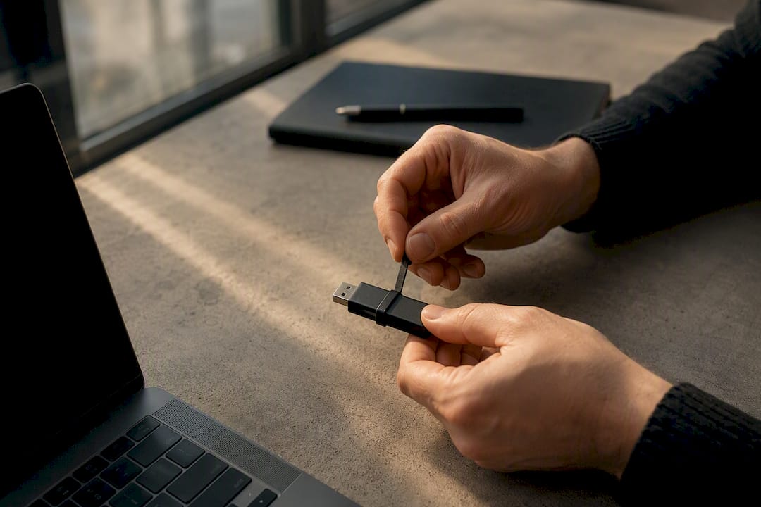 Hand securing USB flash drive with cable tie