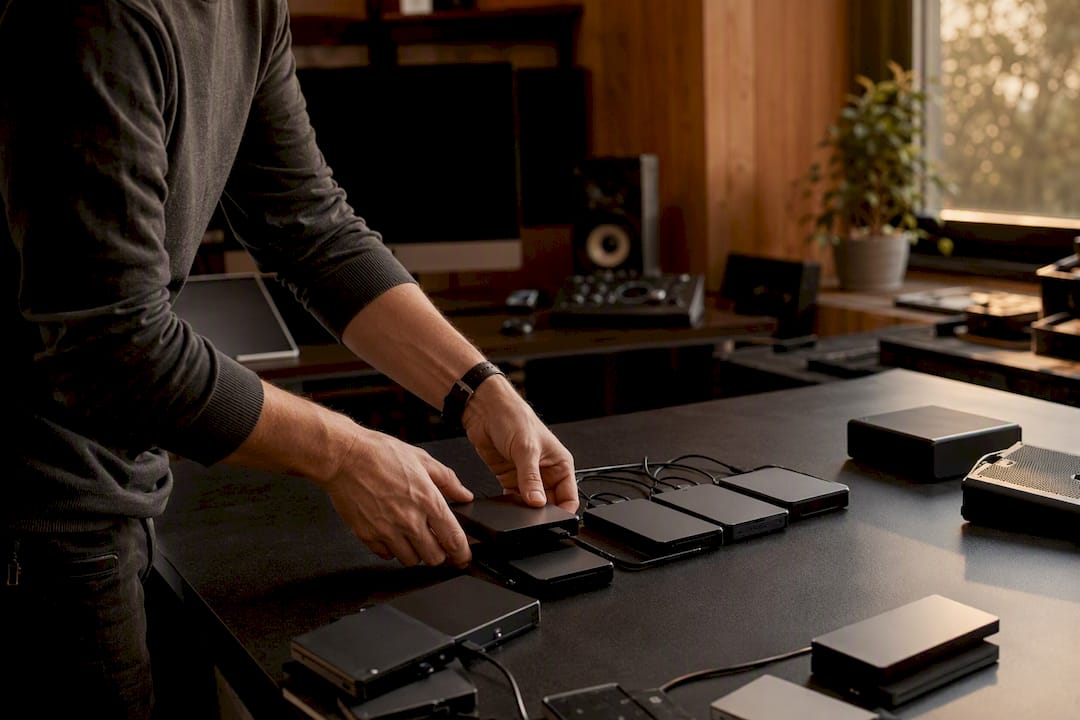 Hands organizing media drives on dark desk