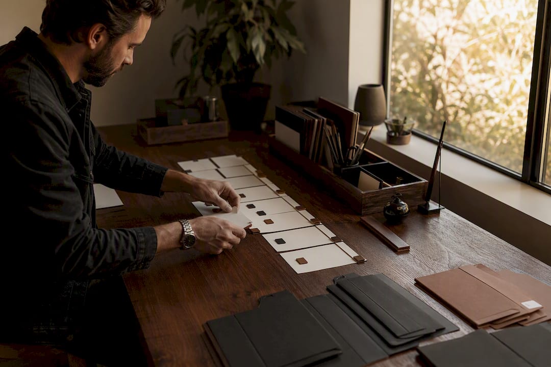 Hands arranging editorial workflow cards