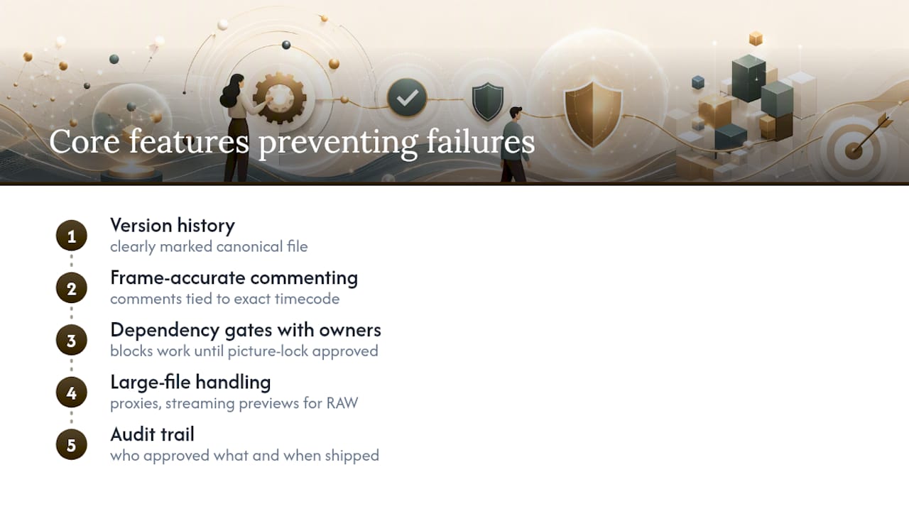 Diagram of five core features preventing editor task tracking failures