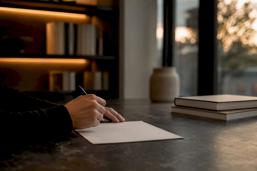 Hands marking checklist on dark wood table