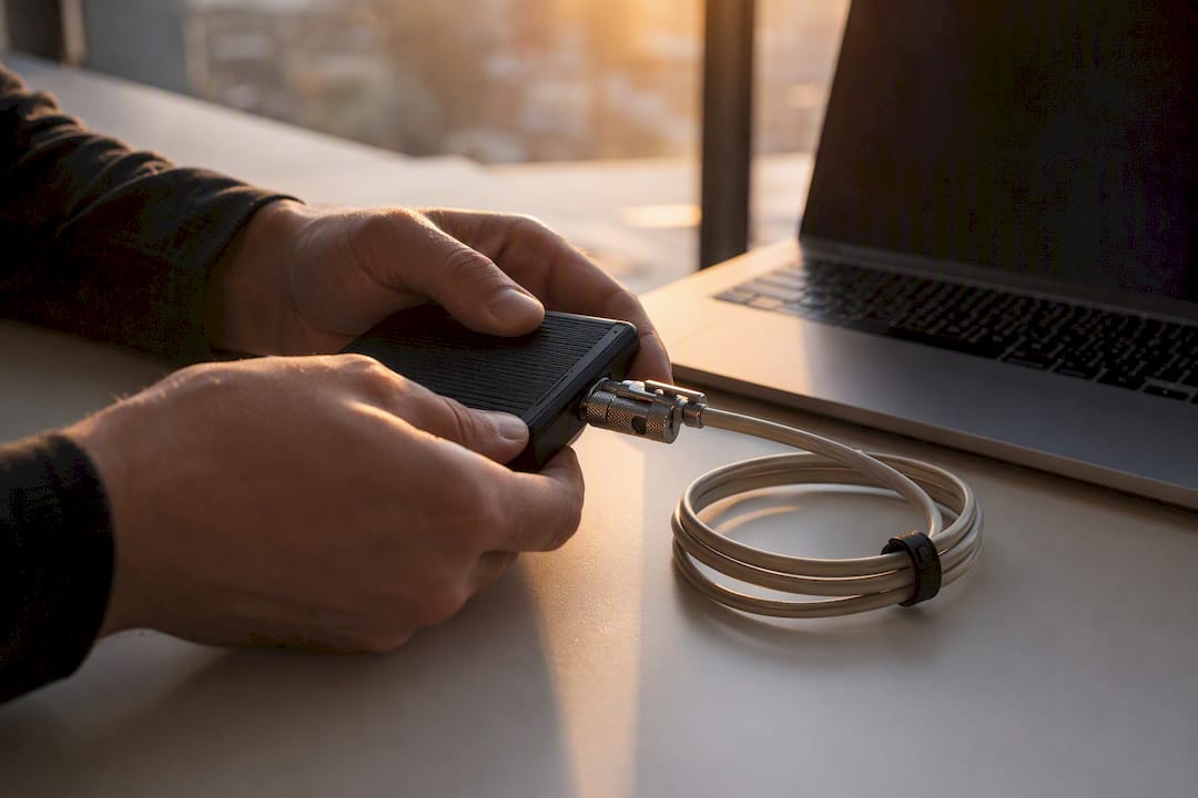Hands locking encrypted external SSD drive