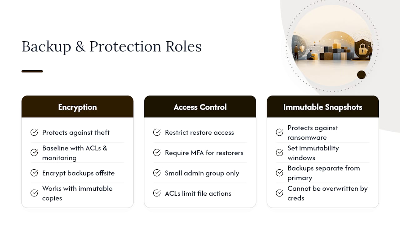 Diagram comparing encryption, access control, and immutable backups