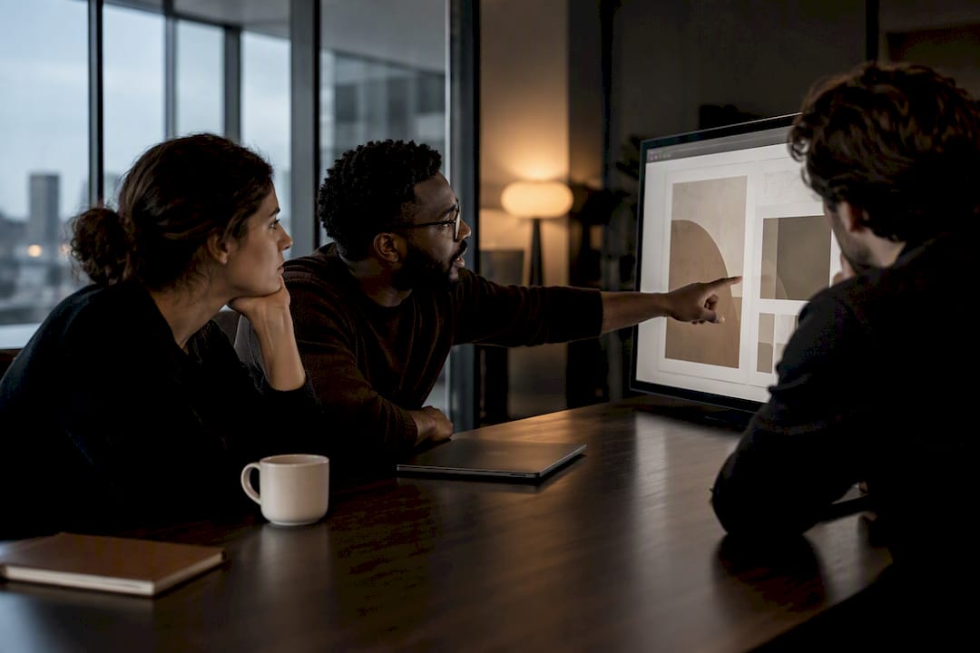 Creative team reviewing shared production asset