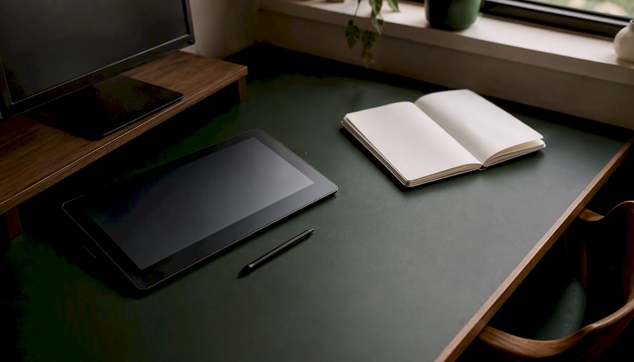 Workspace with drawing tablet and sketchbook