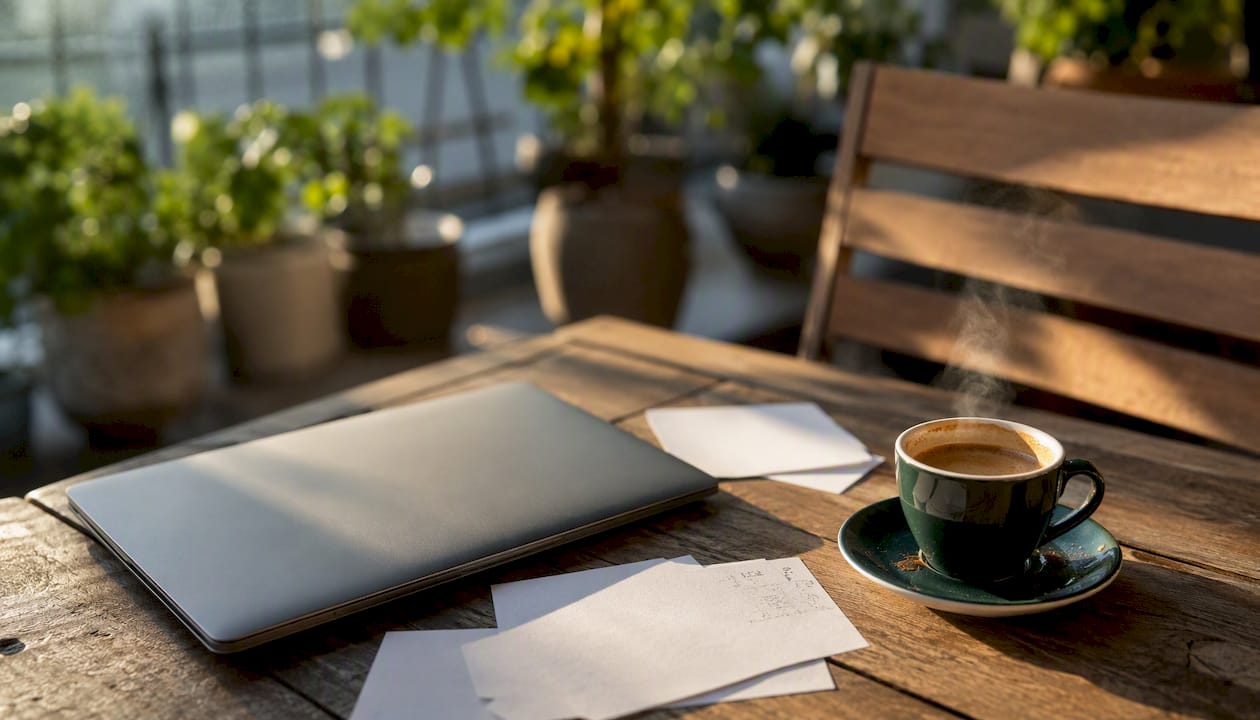 Email composition on smartphone with coffee