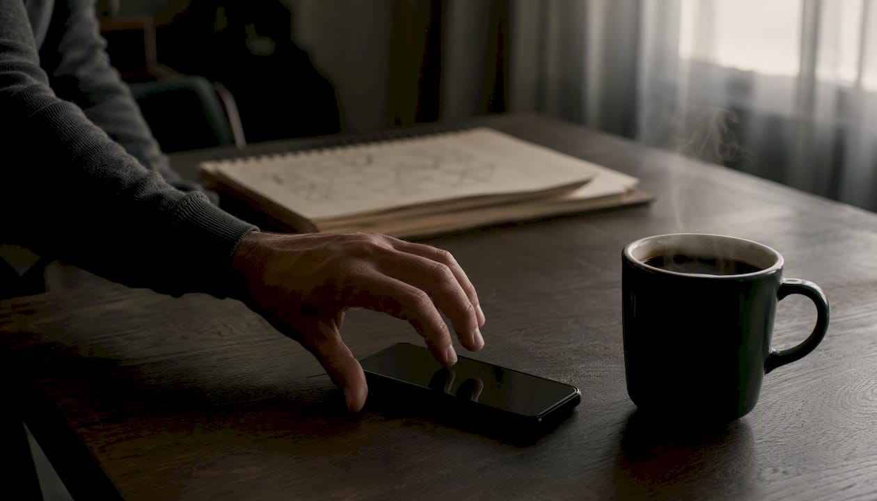 Hand reaching for phone with coffee in early morning