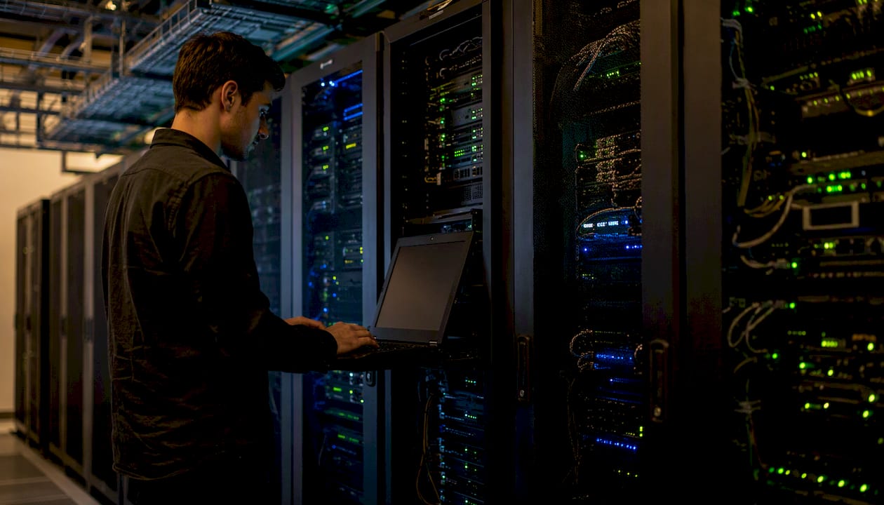Server racks with glowing LED lights in data center