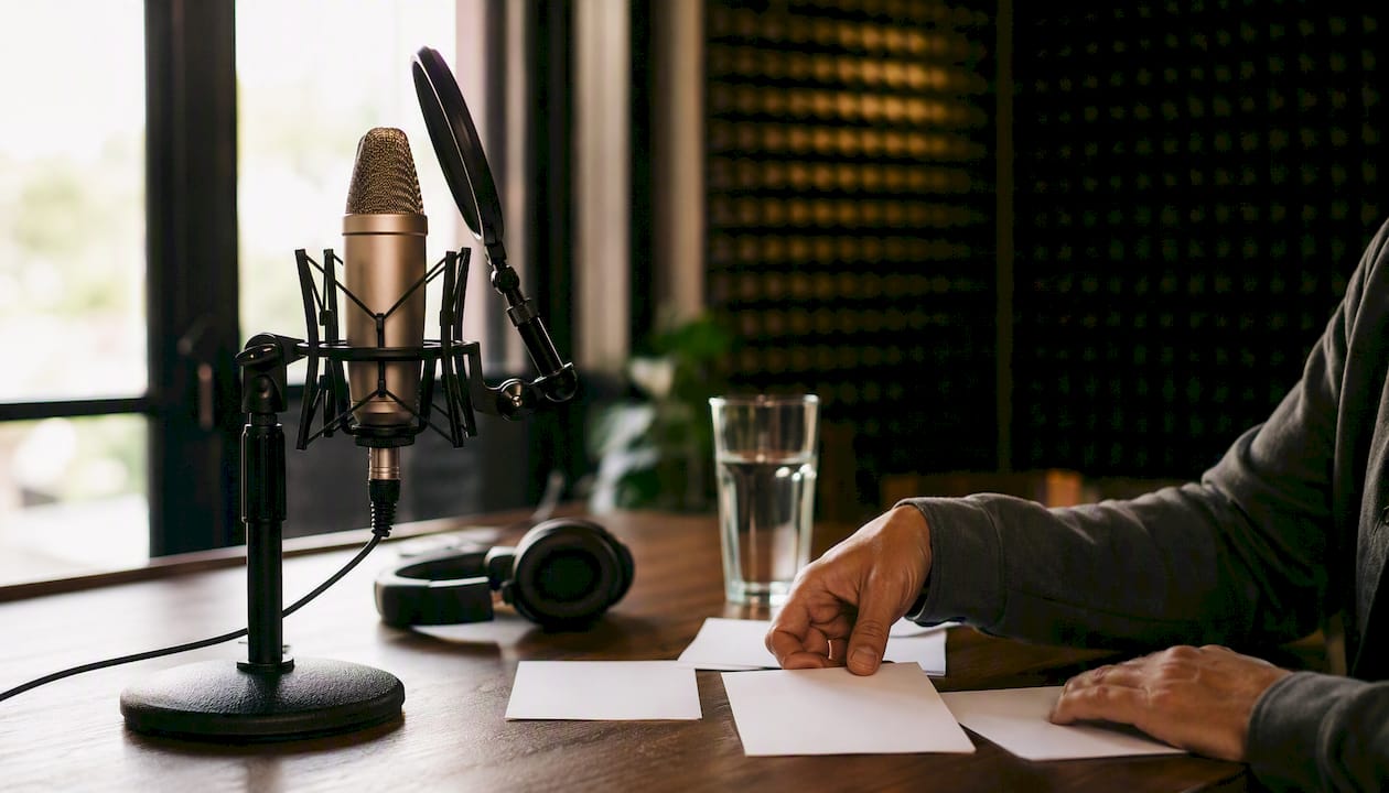 Podcast microphone and hand arranging notes