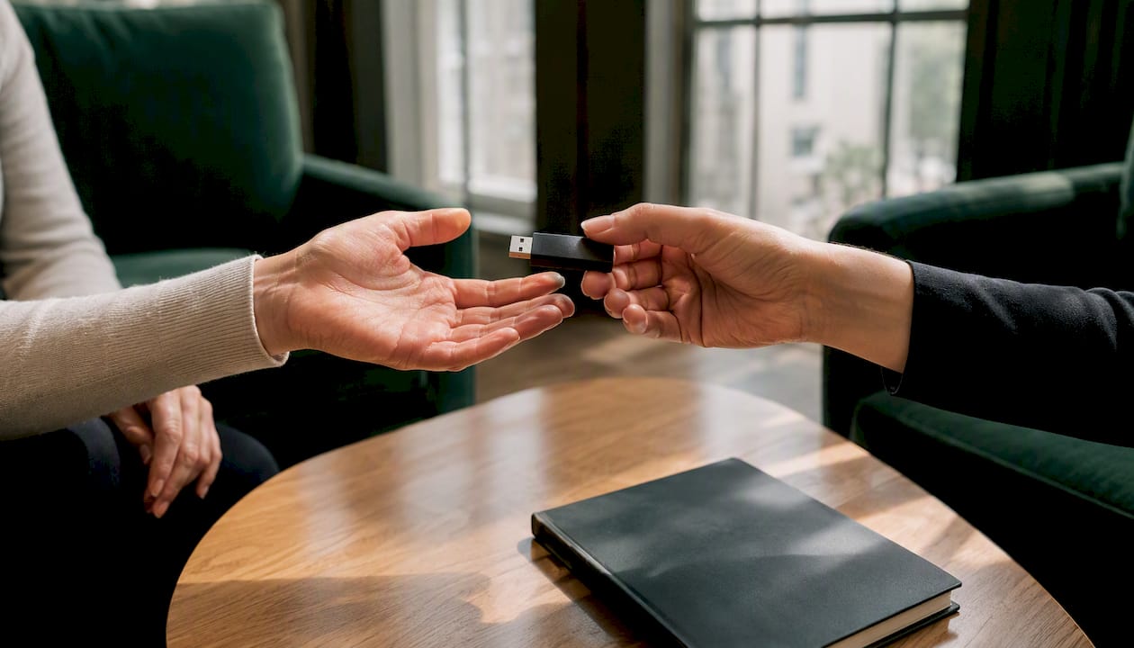 Hands exchanging USB drives representing peer education