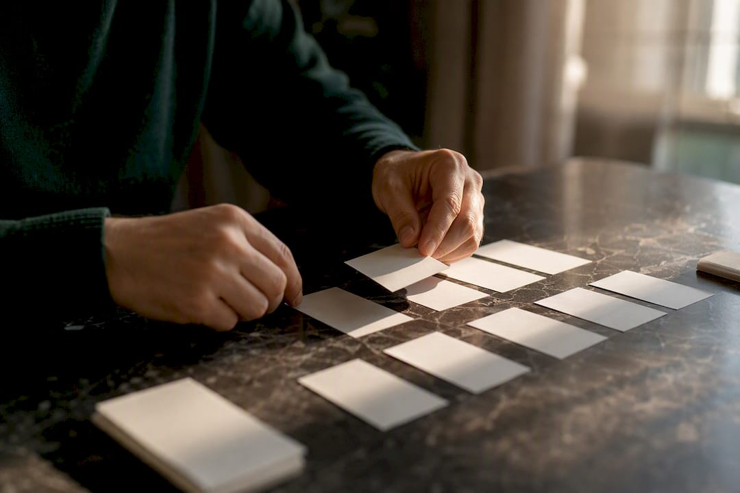 Hands arranging cards for PR amplification tactics