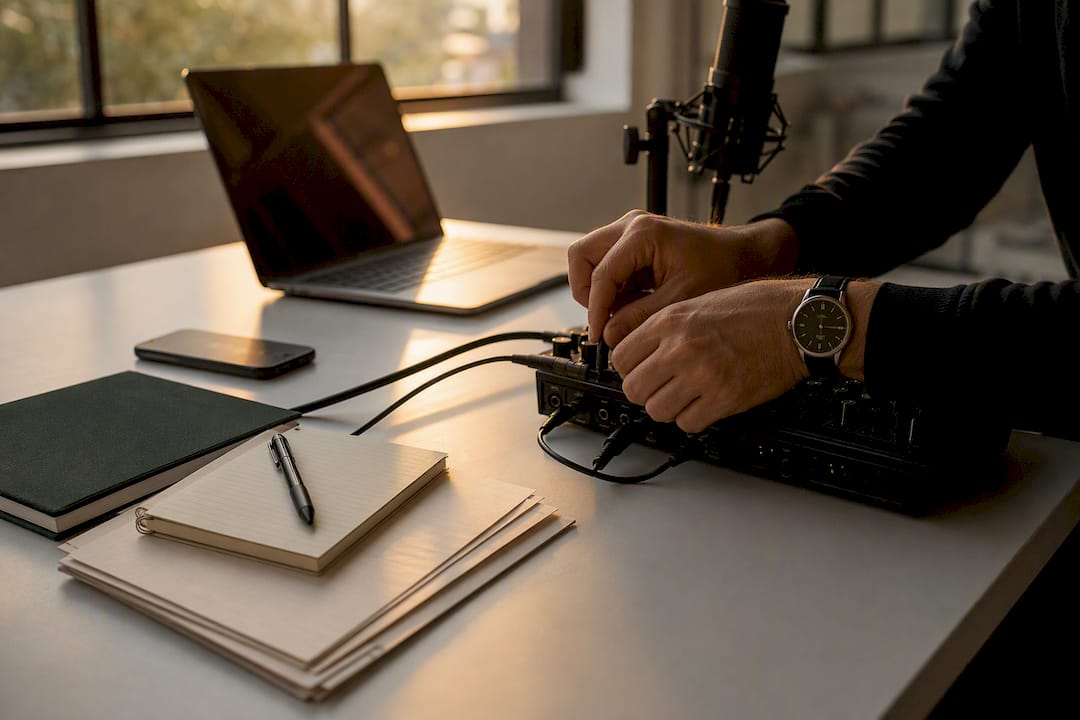 Hands connecting cables to audio mixer on desk
