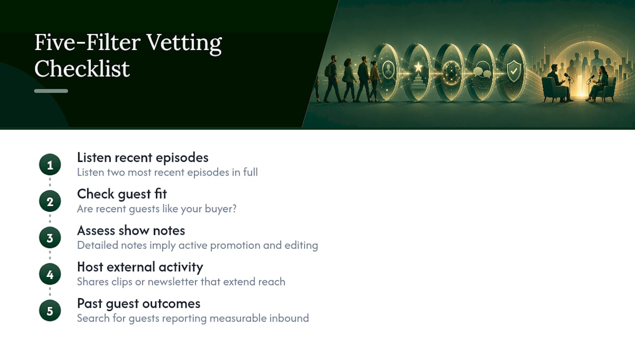 Five-step podcast host vetting checklist diagram