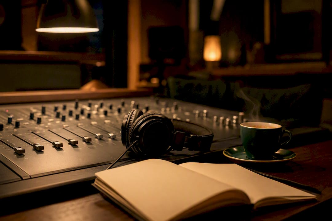 Headphones resting on audio mixing console